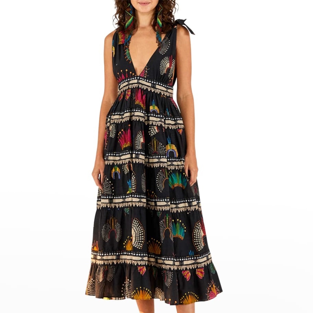 FARM Rio Red and Green Tiered Midi Sundress